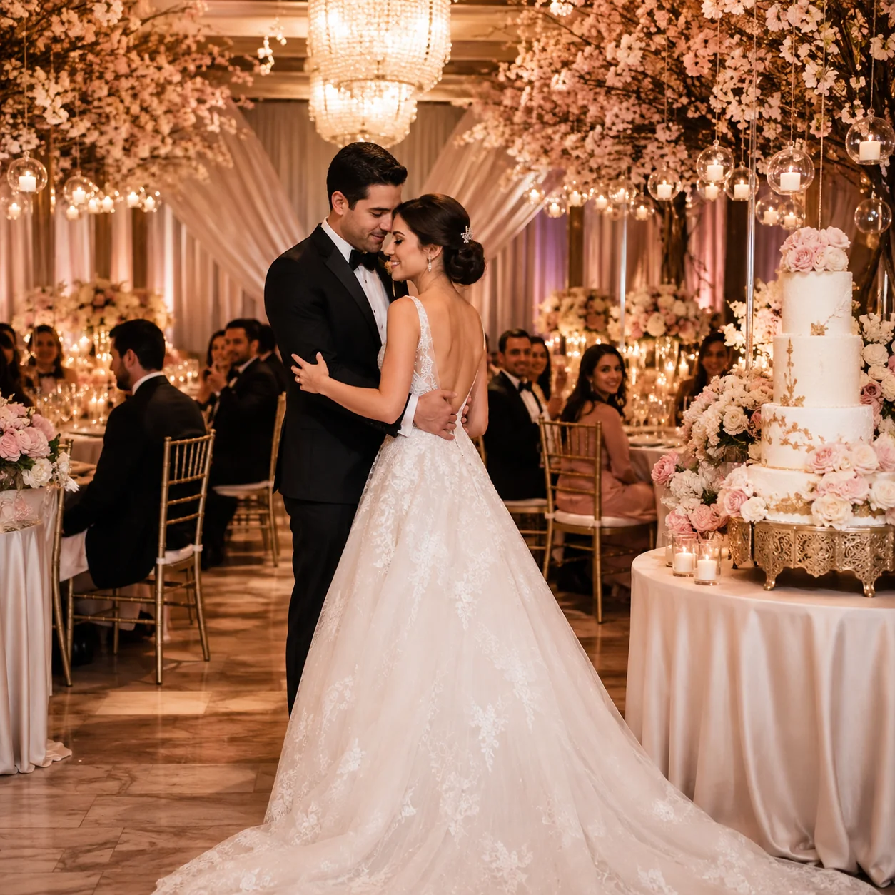 Pareja de novios en recepción elegante con pastel y decoración floral